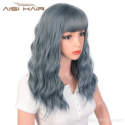 Aisi Hair Synthetic Nature Blue Body Wave Long Wavy Bang Wig Heat Resistant Fiber Wigs for White Black Women Cosplay Party Wigs